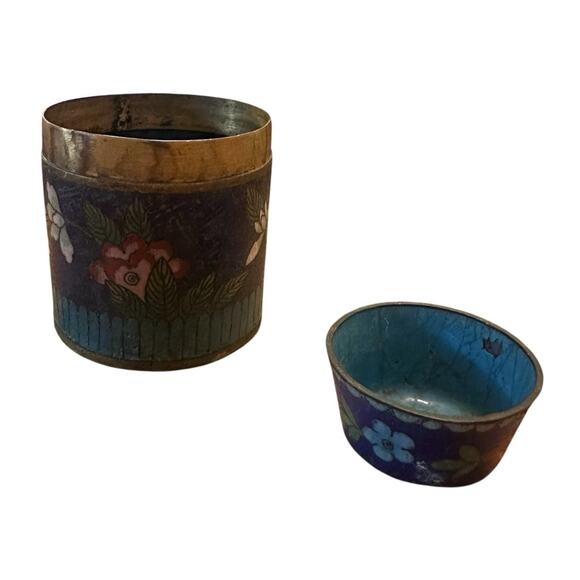 Pair x2 Ancient Chinese Cloisonne Jars Tea Caddy Box Floral Printed Enamel - Picture 6 of 7